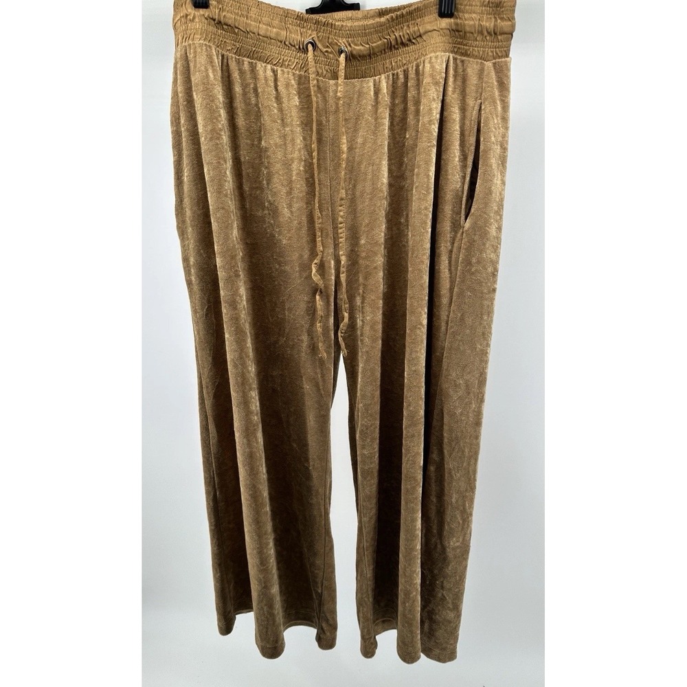 FREE PEOPLE Medium Gold Velour Wide Leg Pant Pockets Soft Elastic Waistband Ties